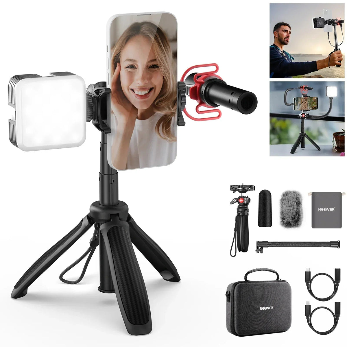 Neewer PA045 Vlogging Kit with LED Light/Selfie Stick Tripod/Mic for Smartphones