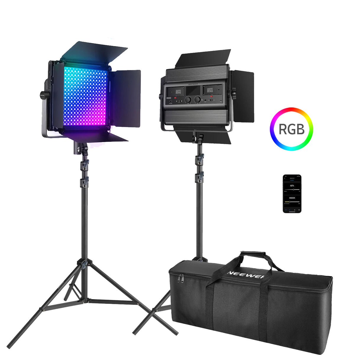 Neewer RGB1200 RGB-WW LED Panel Kit 2-Pack 60W with Stands and App Control