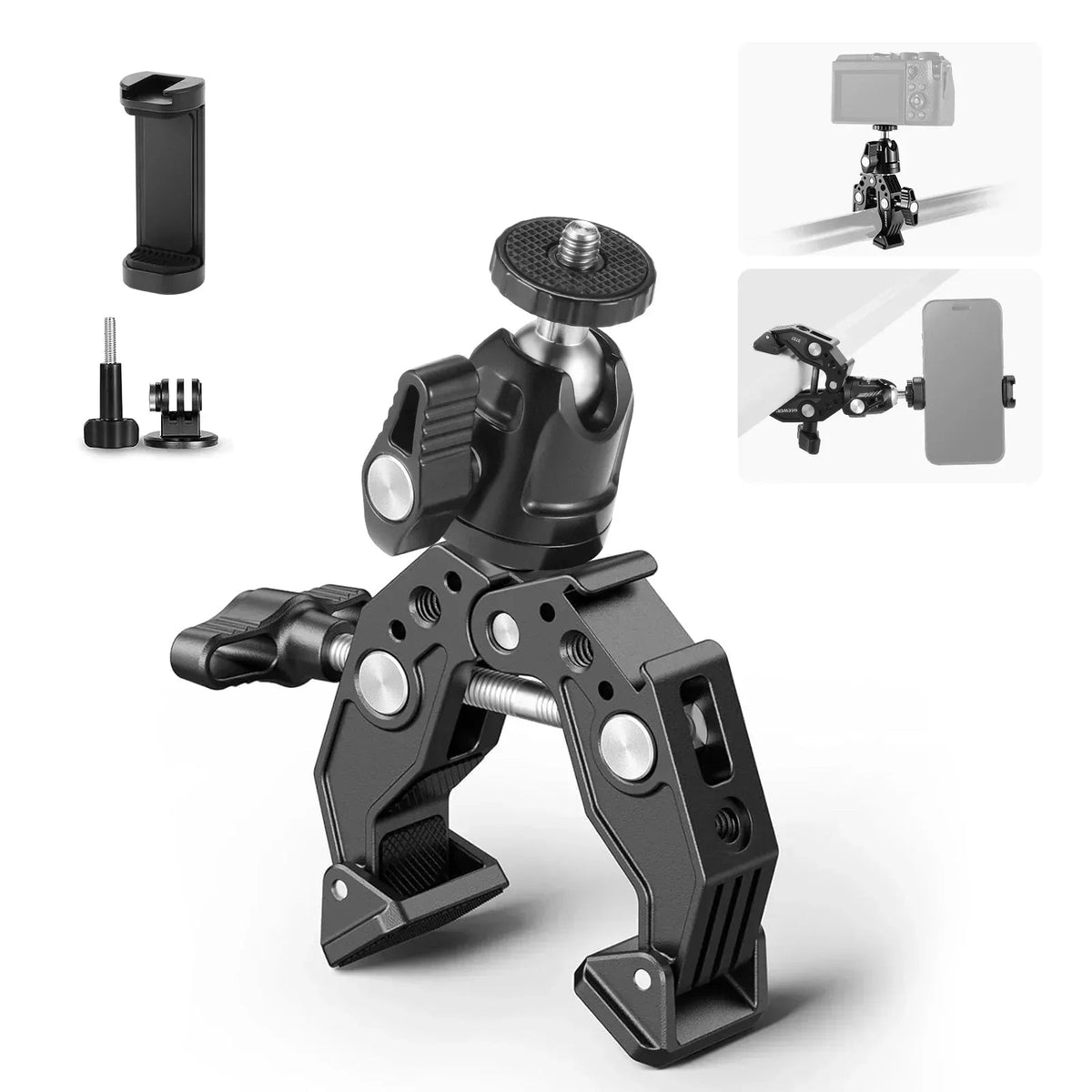 Neewer ST87 3inch Super Clamp & Ball Head With Phone Clip And Gopro Adapter