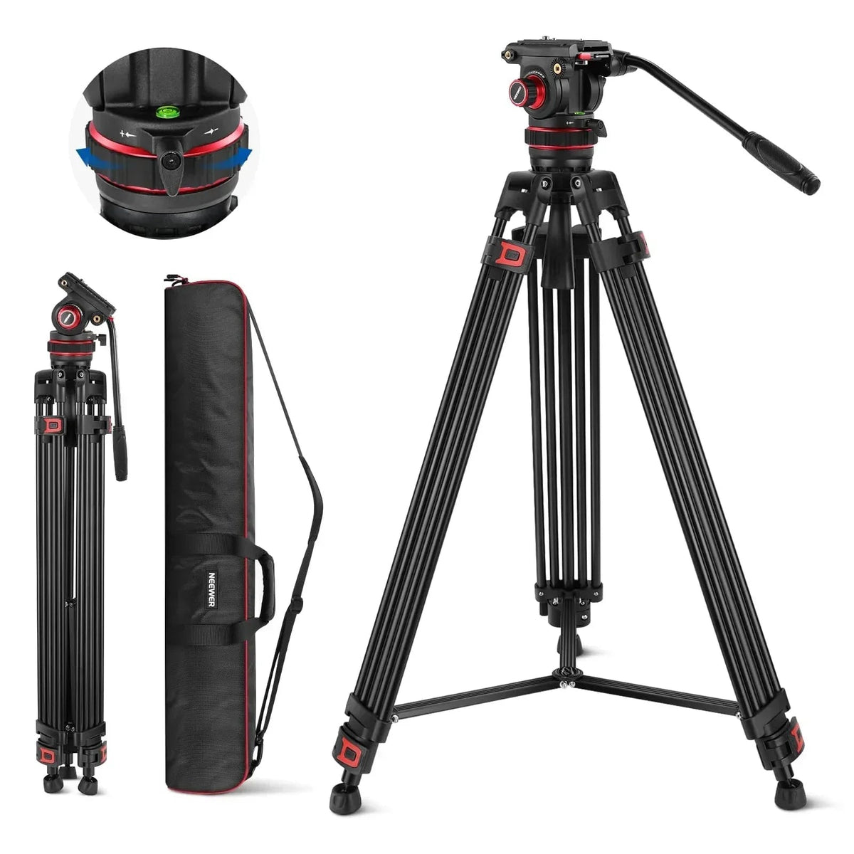 Neewer TP75 Pro 74"/189cm Aluminium Video Tripod with Fluid Head and Pan & Tilt Dampening